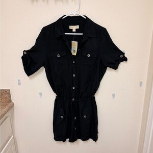 Michael Kors Women's Black Collared Button Romper Jumpsuit Short Sleeve Size L
